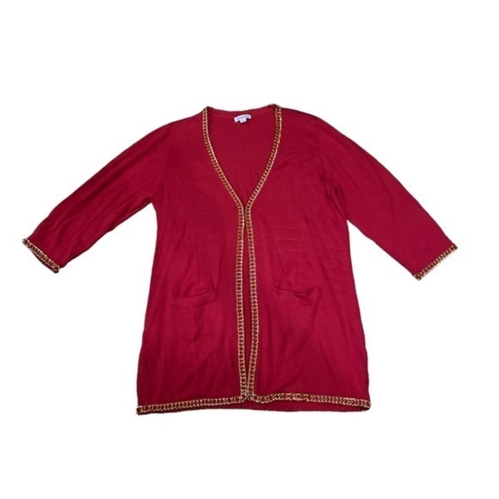 Joan Rivers Women’s open Front Red Cardigan Sweater with Gold‎ Trim Size Large